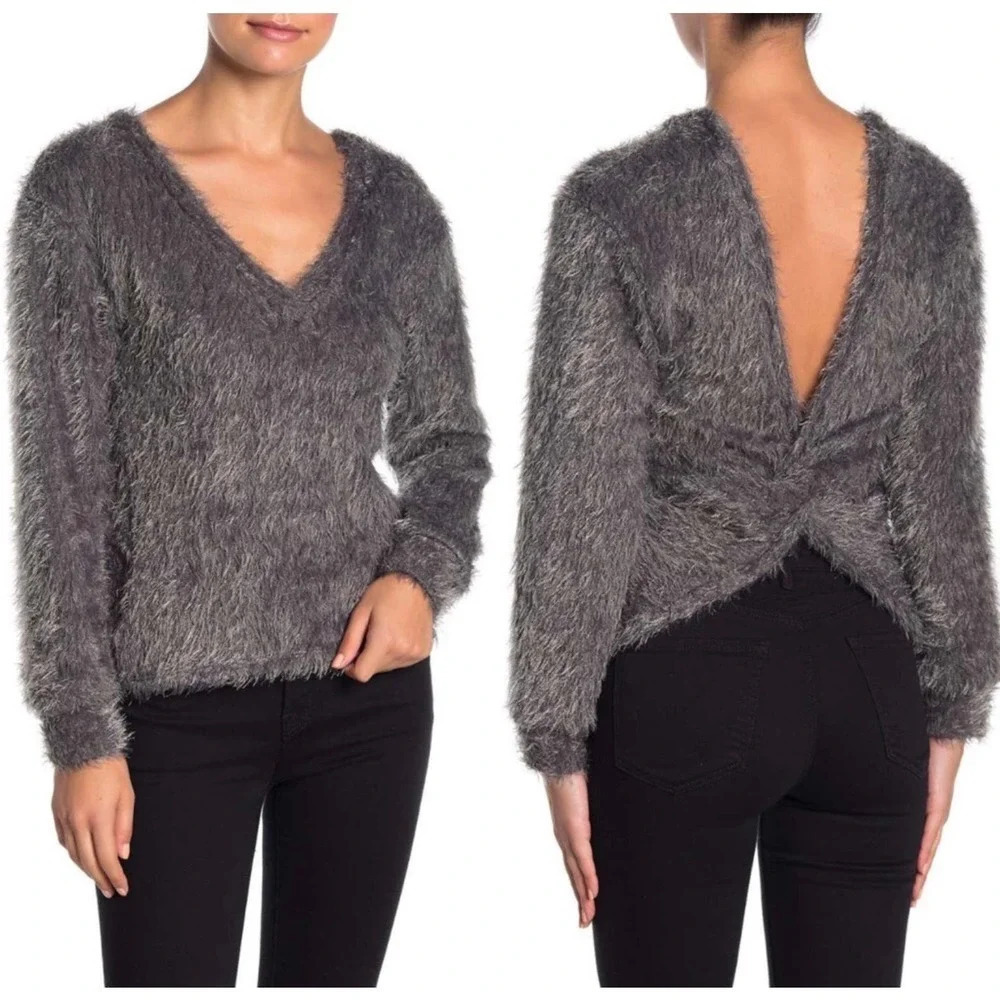 NEW Lush Women's Size Large Gray Fuzzy Eyelash Back Knot Detail Sweater